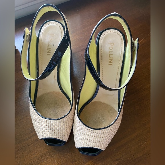 Pollini Raffia Slingback Pumps Open Toe, Woven Neutral w/Black Heel; Size: 9.5 - Picture 7 of 11